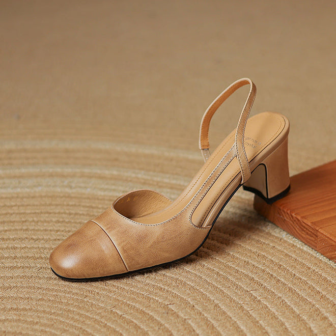 Women's Minimalist Genuine Leather Block Heels - Sophisticated Side-Cutout Slingbacks