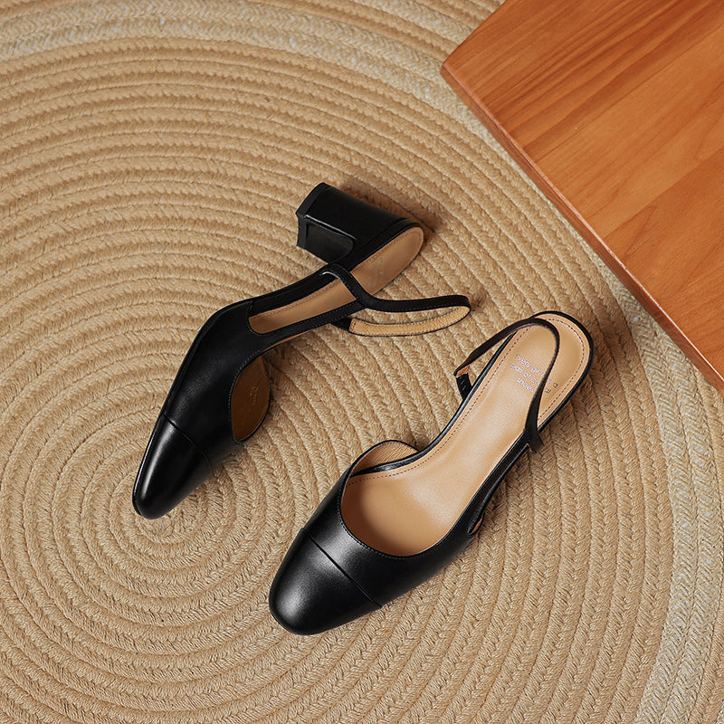 Women's Minimalist Genuine Leather Block Heels - Sophisticated Side-Cutout Slingbacks