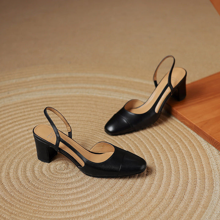 Women's Minimalist Genuine Leather Block Heels - Sophisticated Side-Cutout Slingbacks