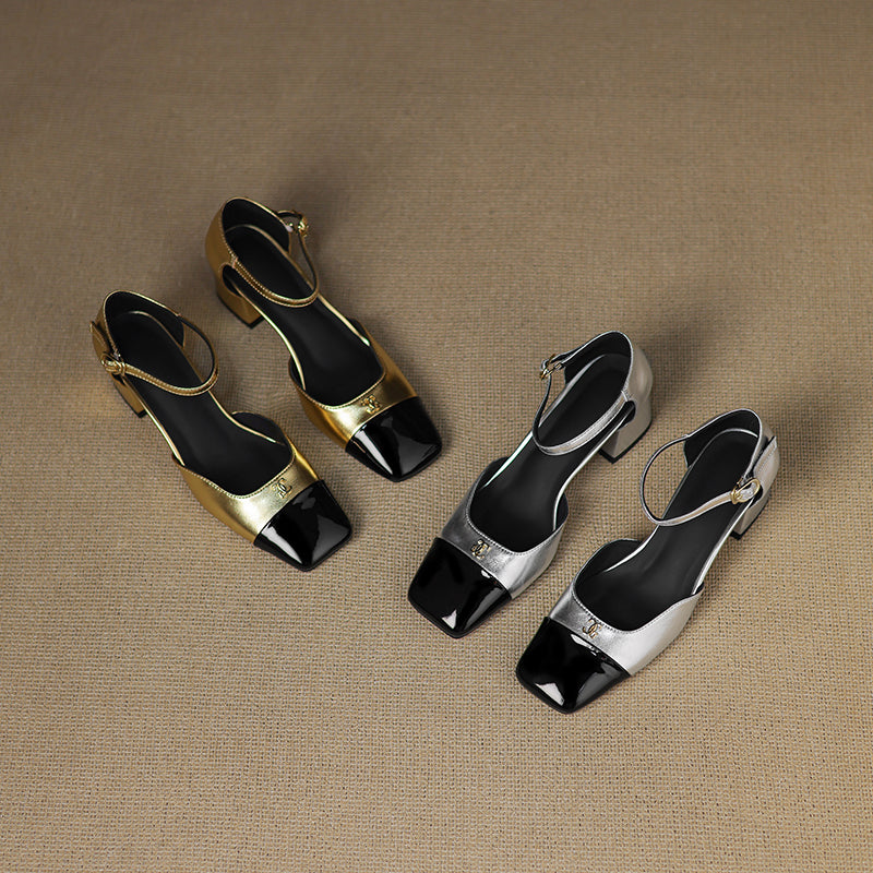 Premium Lambskin Summer Heels for Women - Luxurious Two-tone Square Toe Pumps with Buckle Strap