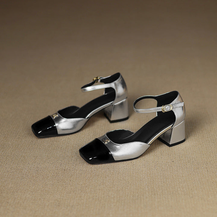 Premium Lambskin Summer Heels for Women - Luxurious Two-tone Square Toe Pumps with Buckle Strap