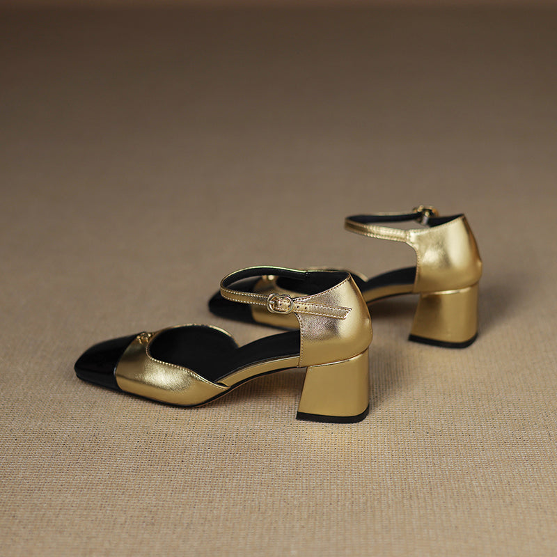 Premium Lambskin Summer Heels for Women - Luxurious Two-tone Square Toe Pumps with Buckle Strap