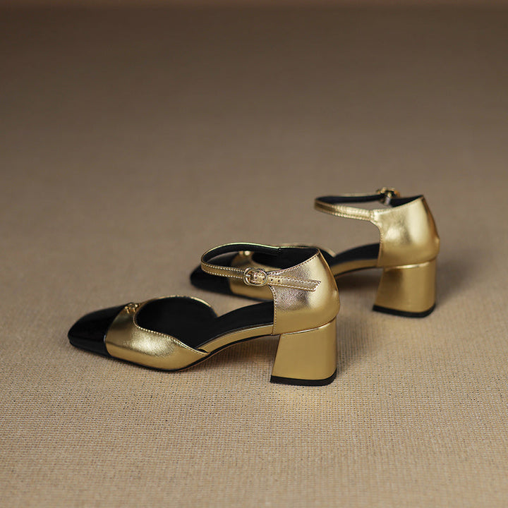 Premium Lambskin Summer Heels for Women - Luxurious Two-tone Square Toe Pumps with Buckle Strap