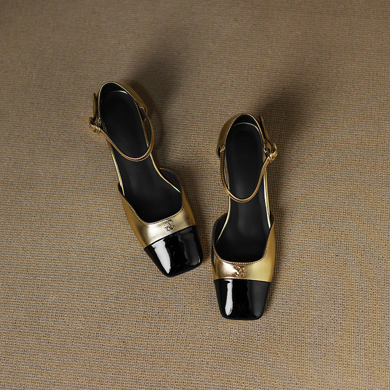 Premium Lambskin Summer Heels for Women - Luxurious Two-tone Square Toe Pumps with Buckle Strap