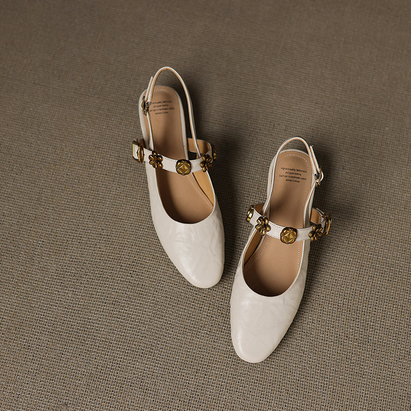 Women's Handmade Leather Vintage Flower Buckle Embellished Closed Toe Sandals