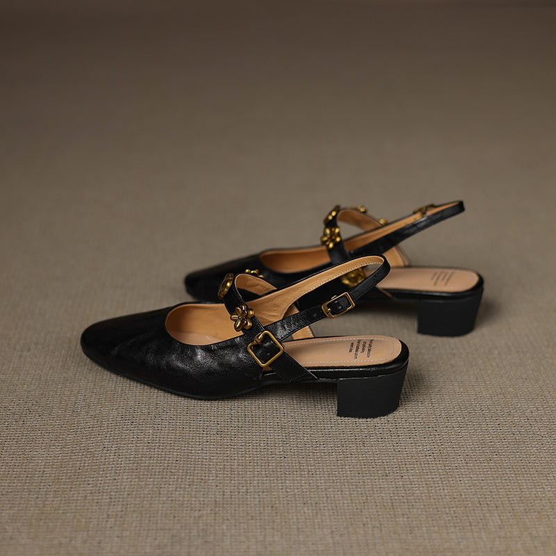 Women's Handmade Leather Vintage Flower Buckle Embellished Closed Toe Sandals