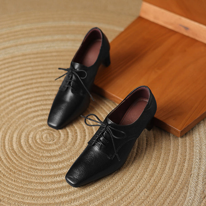 Women's Retro Sheepskin Oxfords Vintage Square Toe Lace-up Block High Heel Pumps