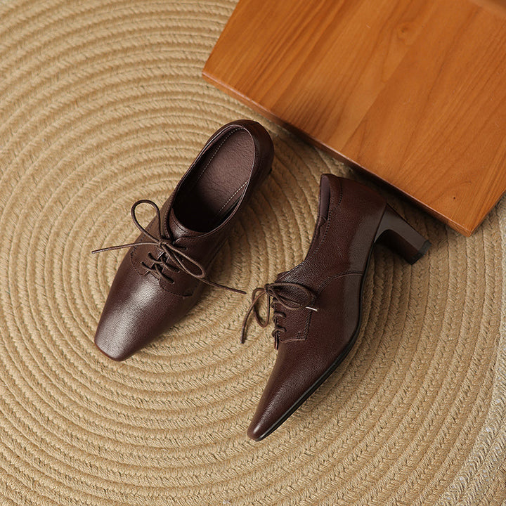 Women's Retro Sheepskin Oxfords Vintage Square Toe Lace-up Block High Heel Pumps