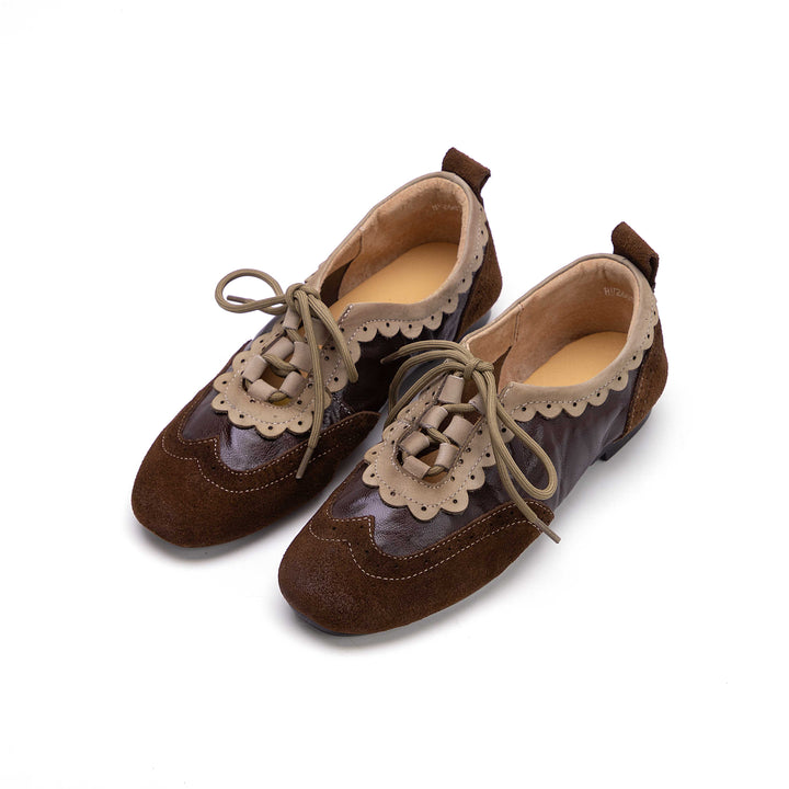 Women's Premium Lambskin Leather Oxford Flats - Vintage Brogue Ballet Shoes, Lace-up Comfort Loafers