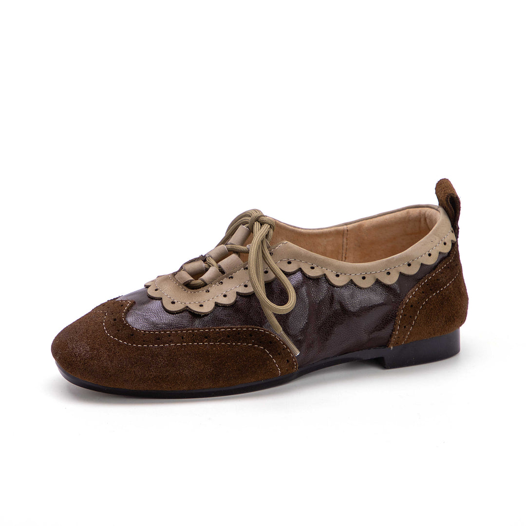 Women's Premium Lambskin Leather Oxford Flats - Vintage Brogue Ballet Shoes, Lace-up Comfort Loafers