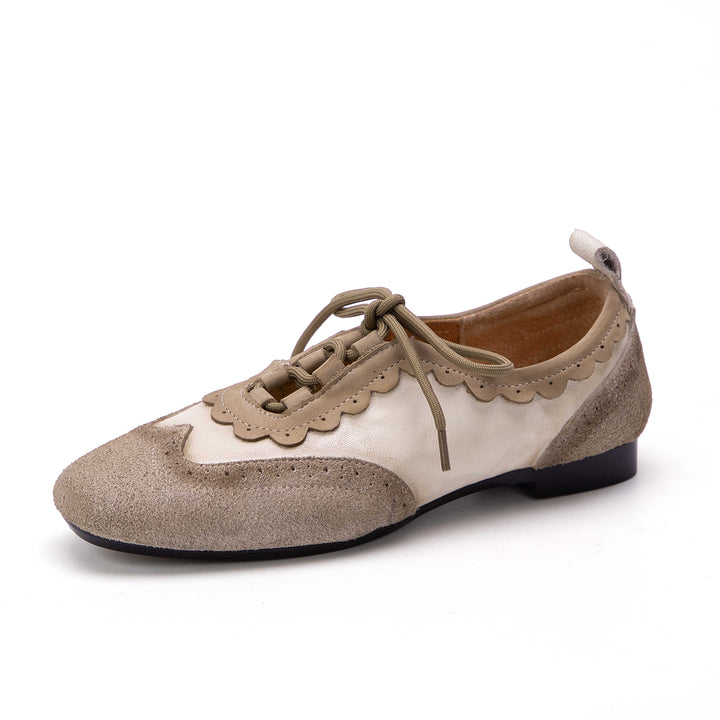 Women's Premium Lambskin Leather Oxford Flats - Vintage Brogue Ballet Shoes, Lace-up Comfort Loafers