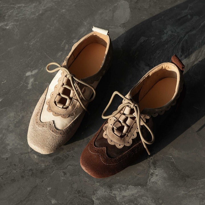 Women's Premium Lambskin Leather Oxford Flats - Vintage Brogue Ballet Shoes, Lace-up Comfort Loafers
