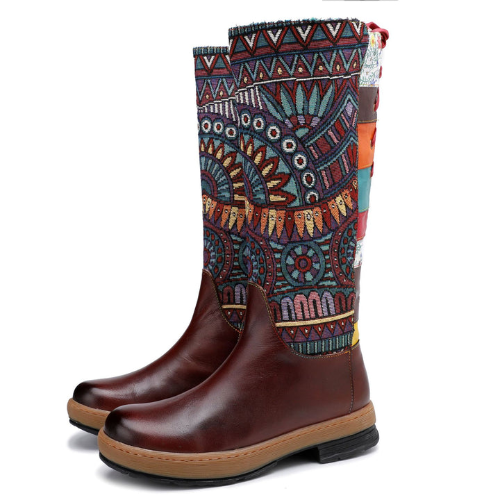 Vintage Mid-calf Boots Women Shoes Embroidered Boho Leather Boots