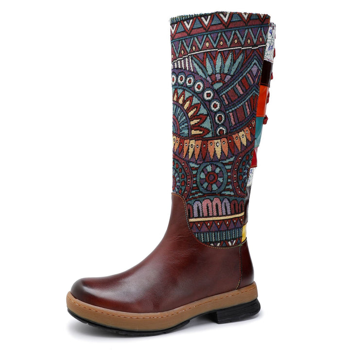 Vintage Mid-calf Boots Women Shoes Embroidered Boho Leather Boots