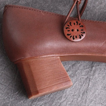 Womens Square Toe Cowhide Leather Chunky Heeled Pumps