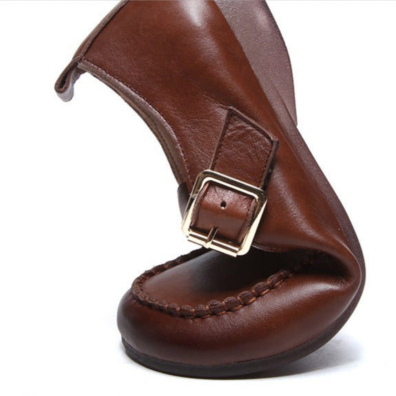 Women's Genuine Leather Flats Retro T Strap Mary Janes Shos