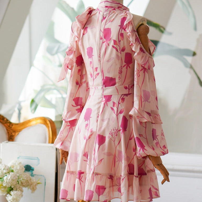 Rose Pink Womens Spring Floral Bare Shoulders Dress