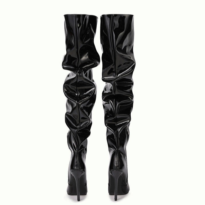 Women Wrinkles Patent Leather Thigh High Boots Pointed Toe Over The Knee High Boots