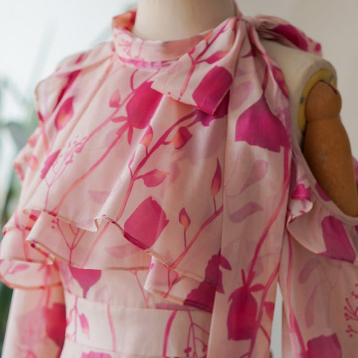 Rose Pink Womens Spring Floral Bare Shoulders Dress