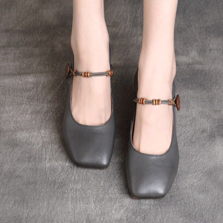 Womens Square Toe Cowhide Leather Chunky Heeled Pumps