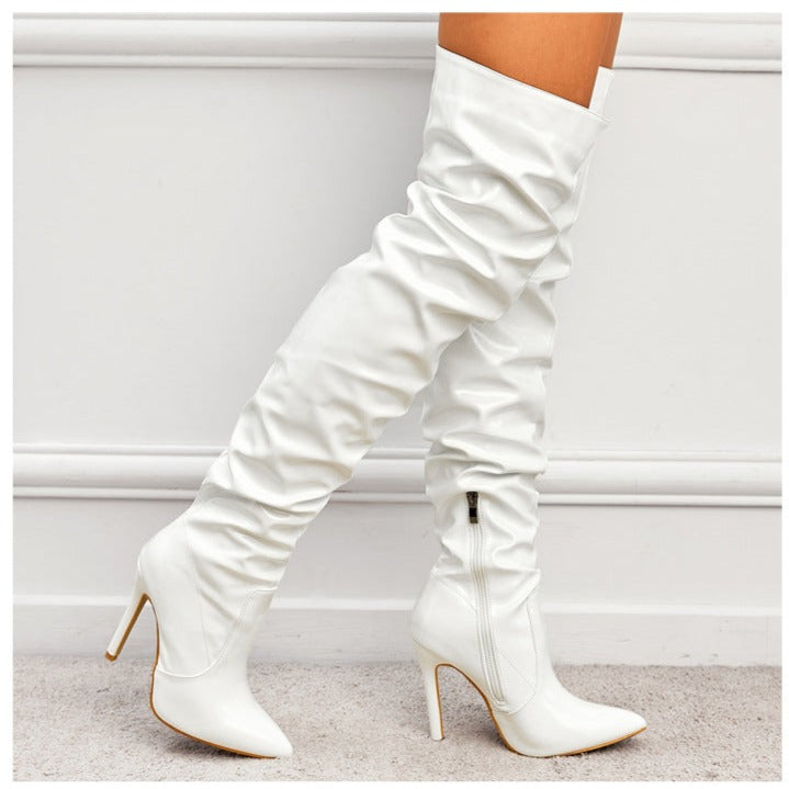 Women Wrinkles Patent Leather Thigh High Boots Pointed Toe Over The Knee High Boots