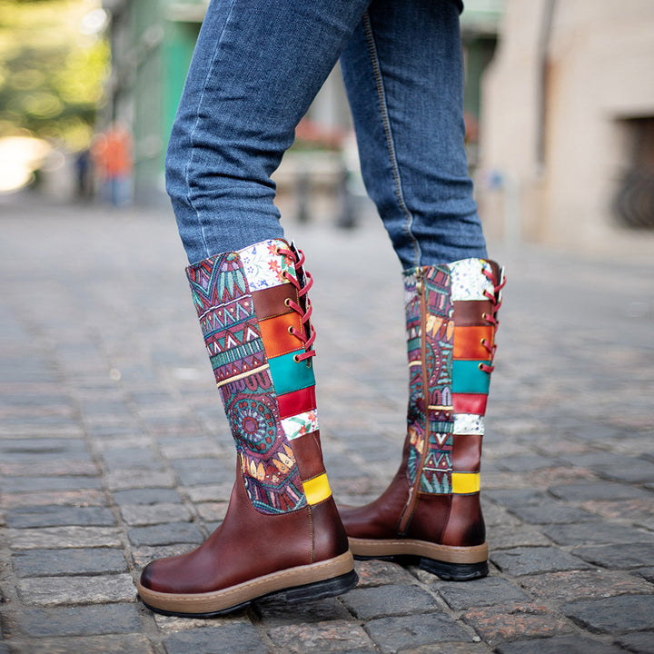 Vintage Mid-calf Boots Women Shoes Embroidered Boho Leather Boots