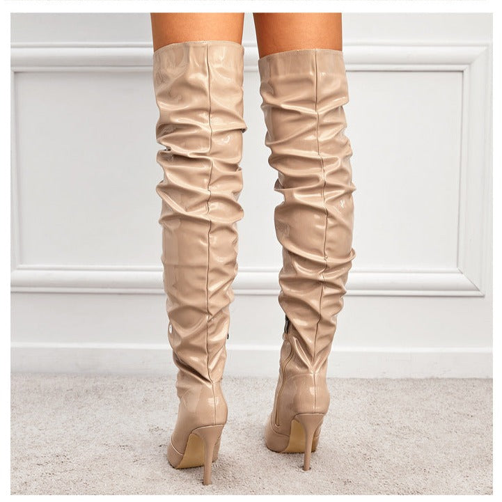 Women Wrinkles Patent Leather Thigh High Boots Pointed Toe Over The Knee High Boots