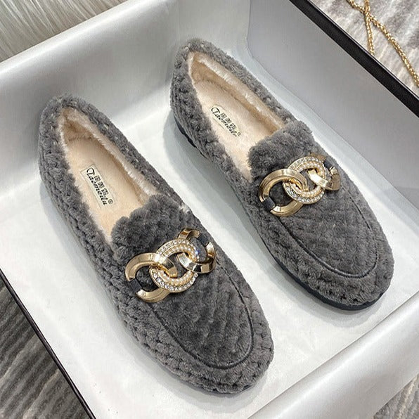 Women Metal Chain Winter Warm & Comfortable Plush Fur Loafers Shoes