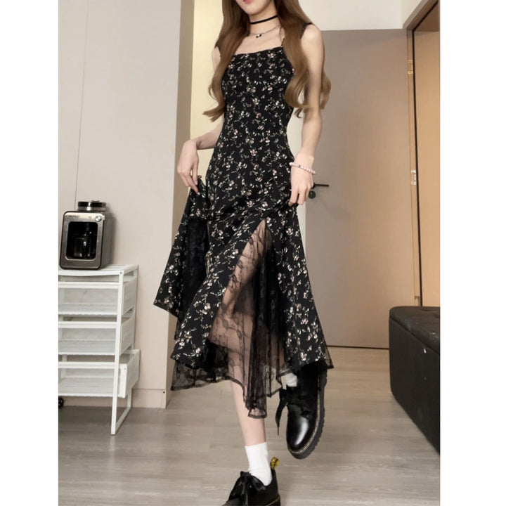 Black Crushed Lace Roses Dress Halter Dresses Mesh Split Dress