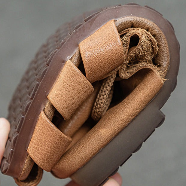 Cow Leather Retro Woven Sandals Lace-Up Soft Sole Women's Shoes