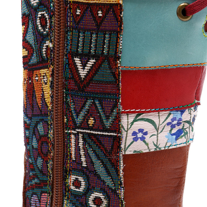 Vintage Mid-calf Boots Women Shoes Embroidered Boho Leather Boots