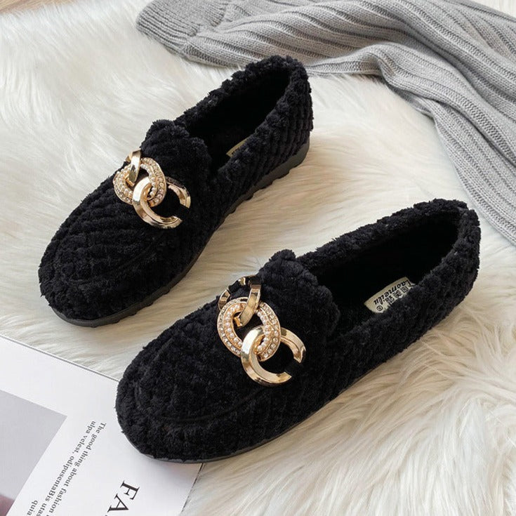 Women Metal Chain Winter Warm & Comfortable Plush Fur Loafers Shoes