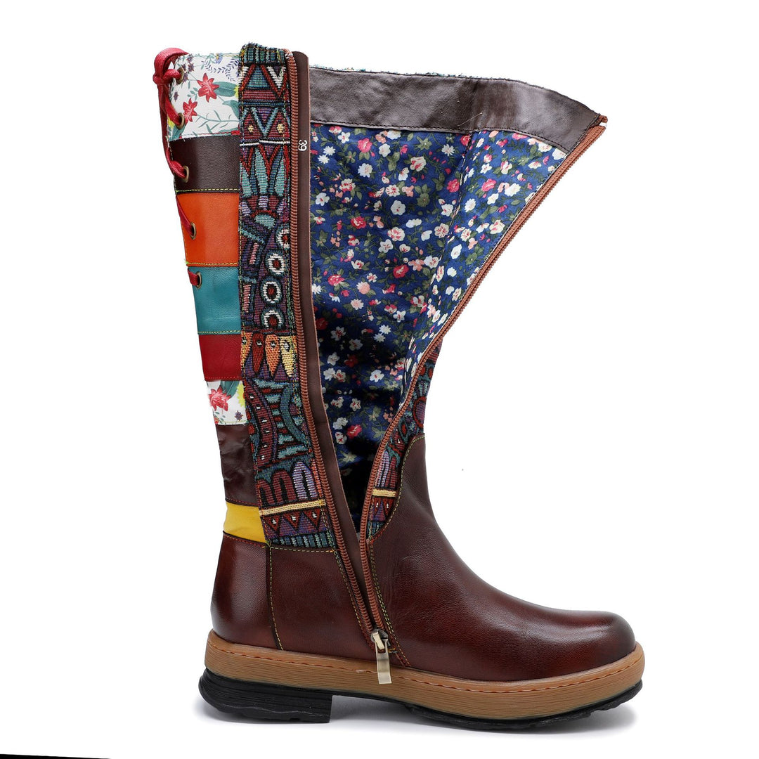 Vintage Mid-calf Boots Women Shoes Embroidered Boho Leather Boots
