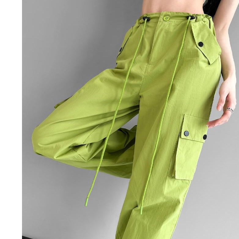 Women Spring Summer Drawstring High Waist Wide Leg Loose Multi-pockets Pant