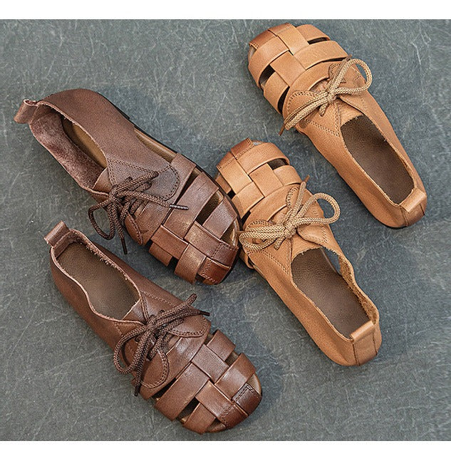 Cow Leather Retro Woven Sandals Lace-Up Soft Sole Women's Shoes