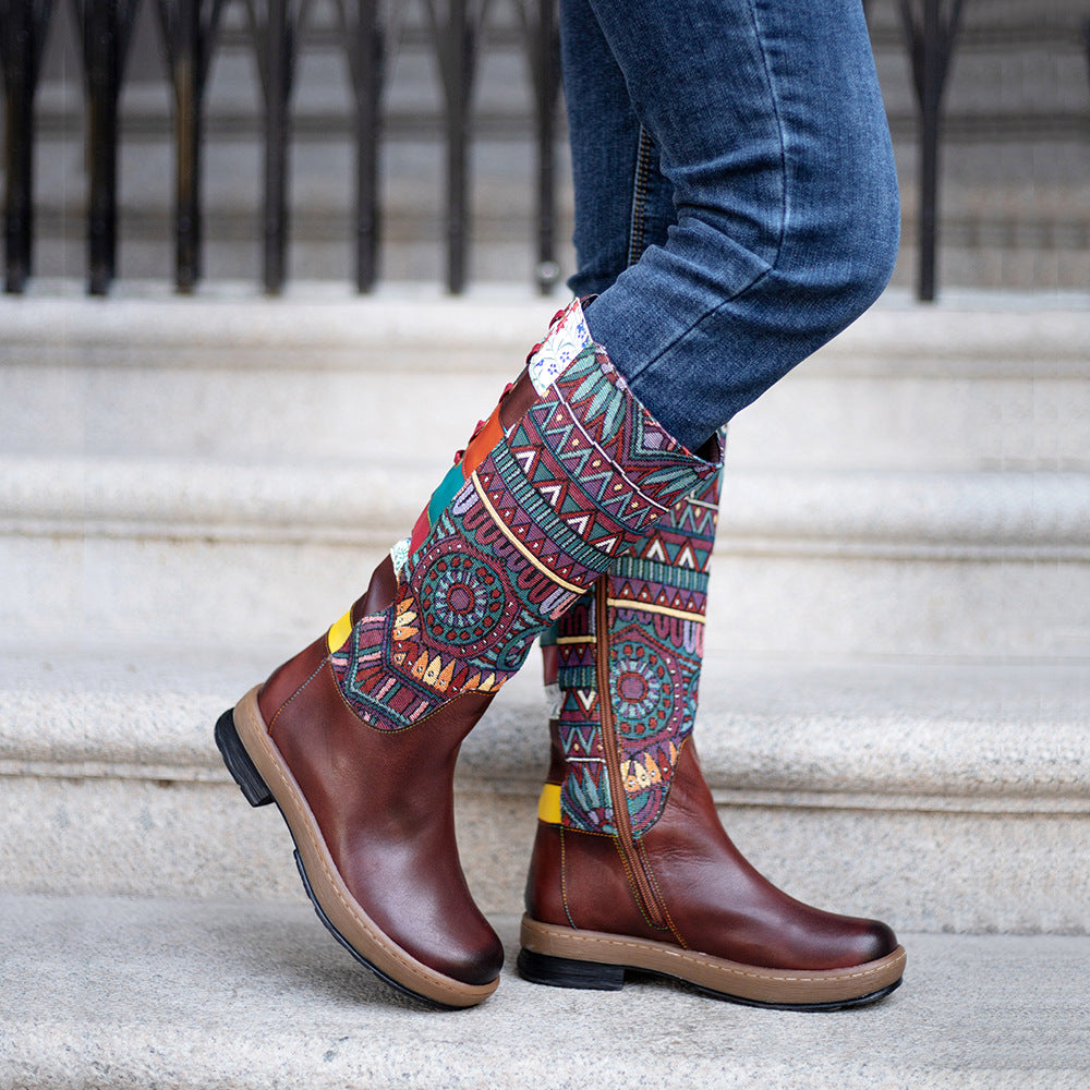 Vintage Mid-calf Boots Women Shoes Embroidered Boho Leather Boots