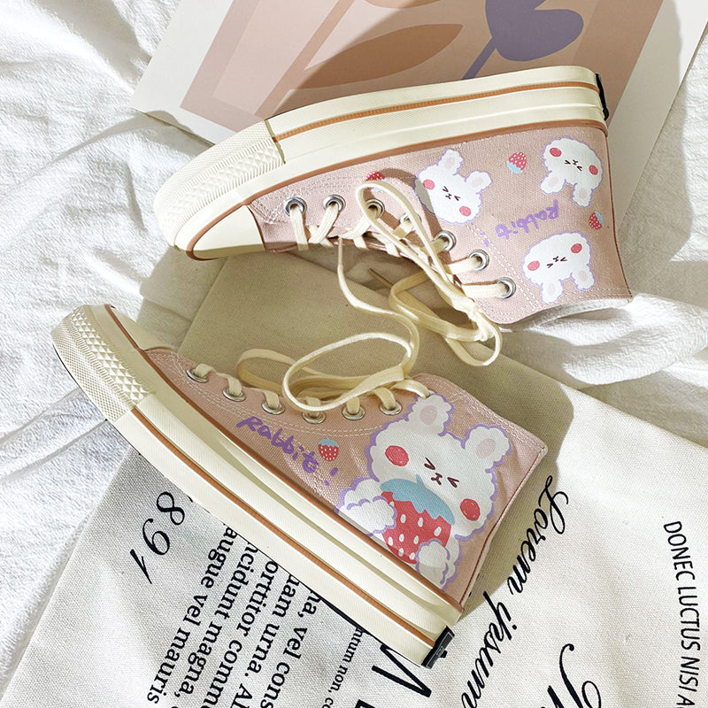 Womens Cute Pink Rabbit Print High Top Canvas Sneakers
