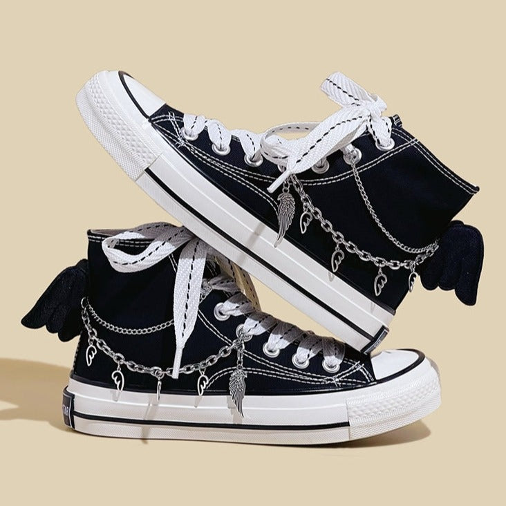 Womens Mens Students Metal Chain Bat High Top Canvas Sneakers