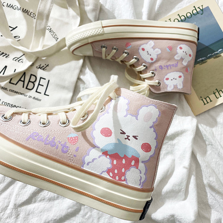 Womens Cute Pink Rabbit Print High Top Canvas Sneakers