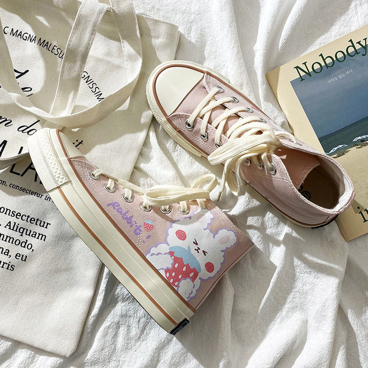 Womens Cute Pink Rabbit Print High Top Canvas Sneakers