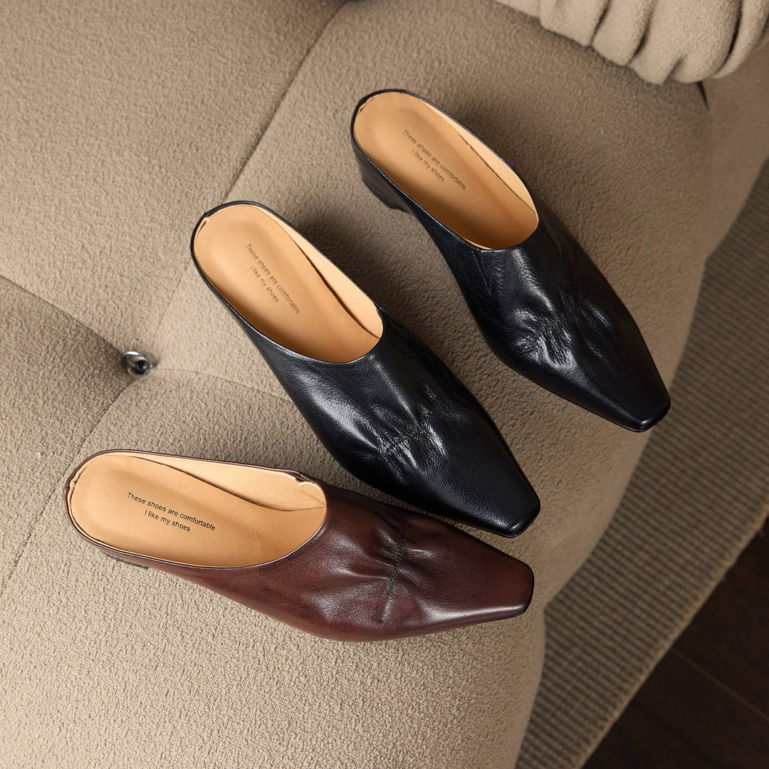 Women's Leather Ruched Square Toe Mules Minimalist Wedge Sandals