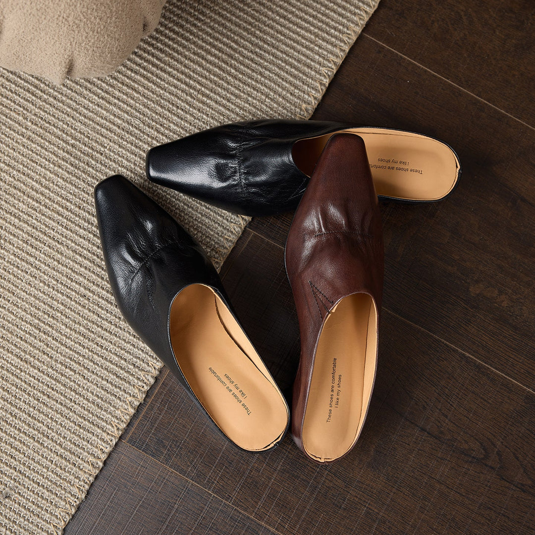 Women's Leather Ruched Square Toe Mules Minimalist Wedge Sandals