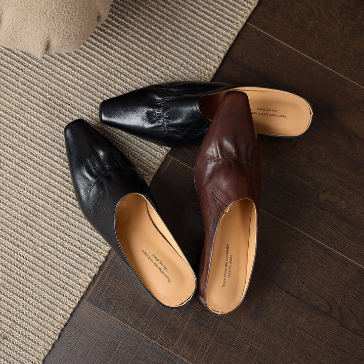Women's Leather Ruched Square Toe Mules Minimalist Wedge Sandals