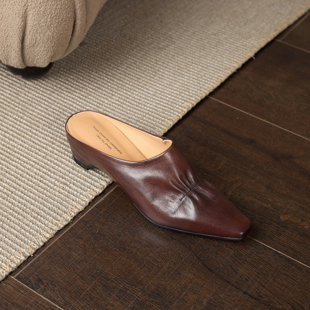 Women's Leather Ruched Square Toe Mules Minimalist Wedge Sandals