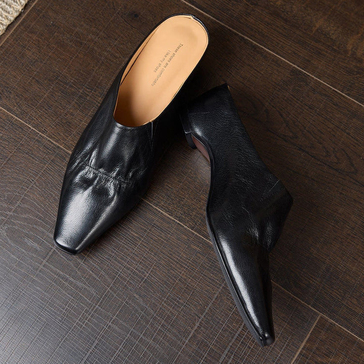 Women's Leather Ruched Square Toe Mules Minimalist Wedge Sandals