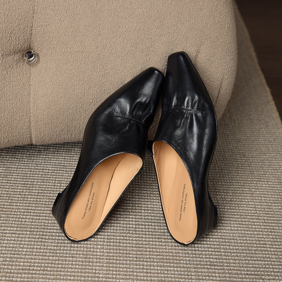 Women's Leather Ruched Square Toe Mules Minimalist Wedge Sandals