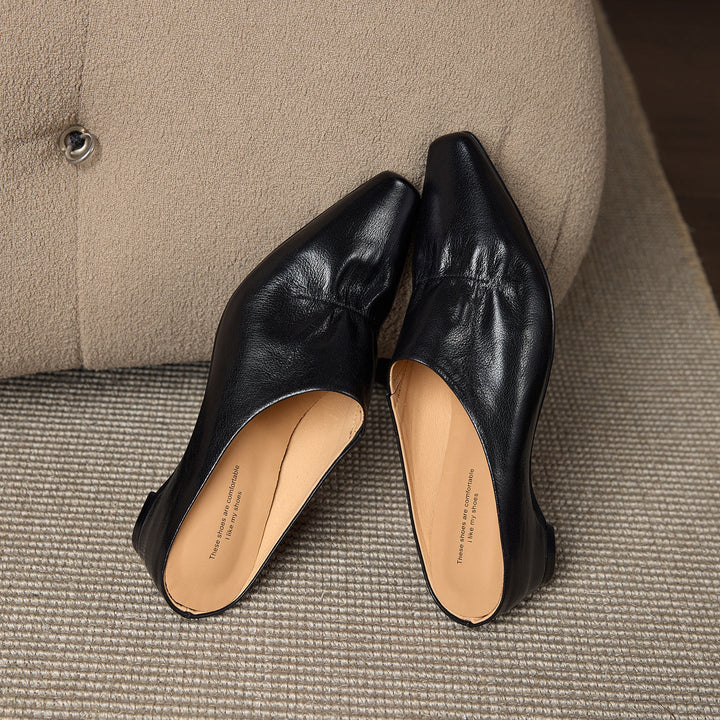 Women's Leather Ruched Square Toe Mules Minimalist Wedge Sandals