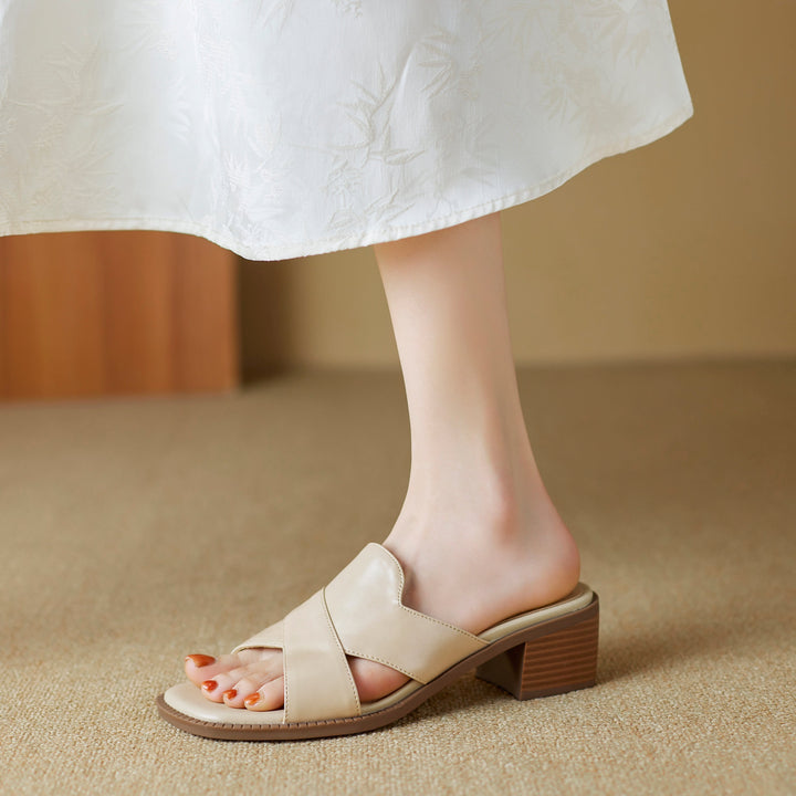 Womens Summer Crossover-Strap Square-Toe Block-Heel Mules Sandals
