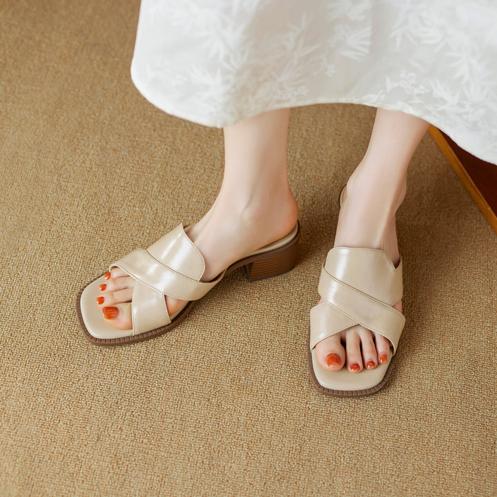 Womens Summer Crossover-Strap Square-Toe Block-Heel Mules Sandals