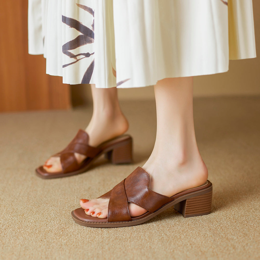 Womens Summer Crossover-Strap Square-Toe Block-Heel Mules Sandals